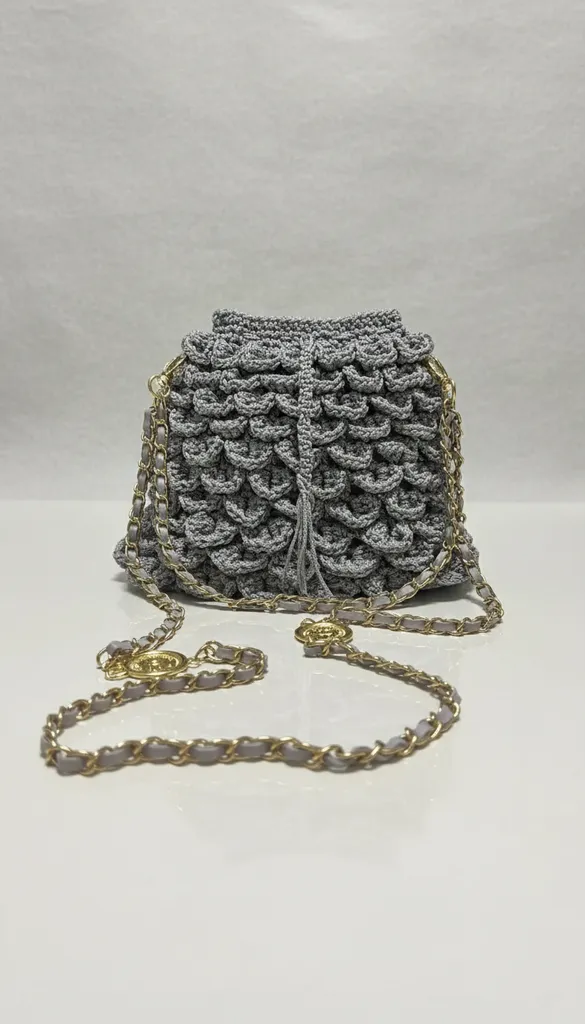 Gri Makrome Abiye Çantası Altın Rengi Zincirli - El Yapımı