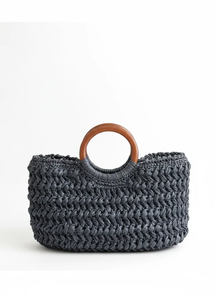 Füme Renk Ahşap Saplı Rafya İp Örgü Omuz Çantası - El Emeği