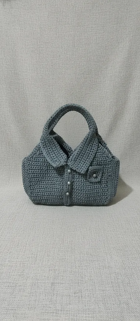 🧶 El Örgüsü Makrome Mini El Çantası — Gri, Astarlı, İnci Düğme Detaylı