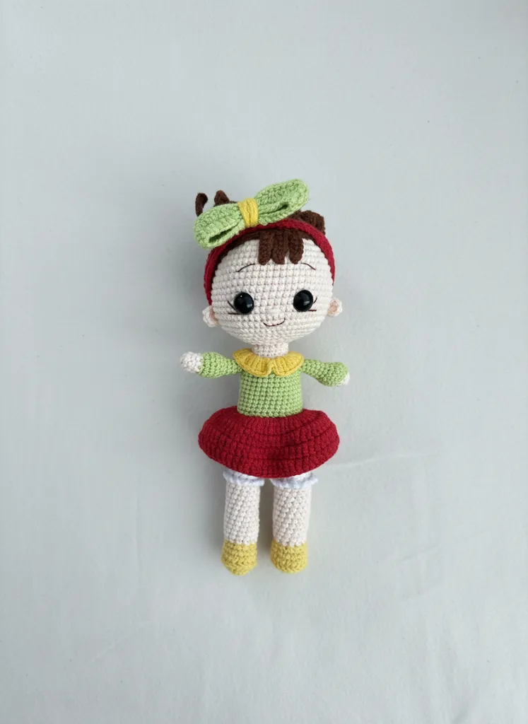 Örgü Bebek Oyuncak - Yeşil Tokalı, Kırmızı Etekli, El Yapımı