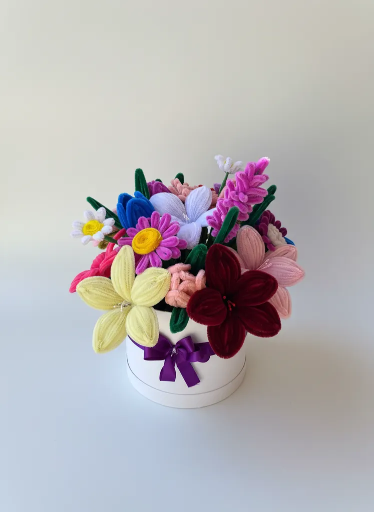 Şönil Tel Buketi - Çok Renkli Dekoratif Çiçek Aranjmanı - El Emeği