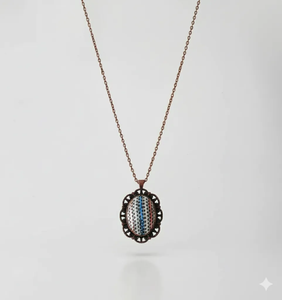 Mavi, Gümüş ve Bakır detaylı tel kırma kolye/Bartın sanatı