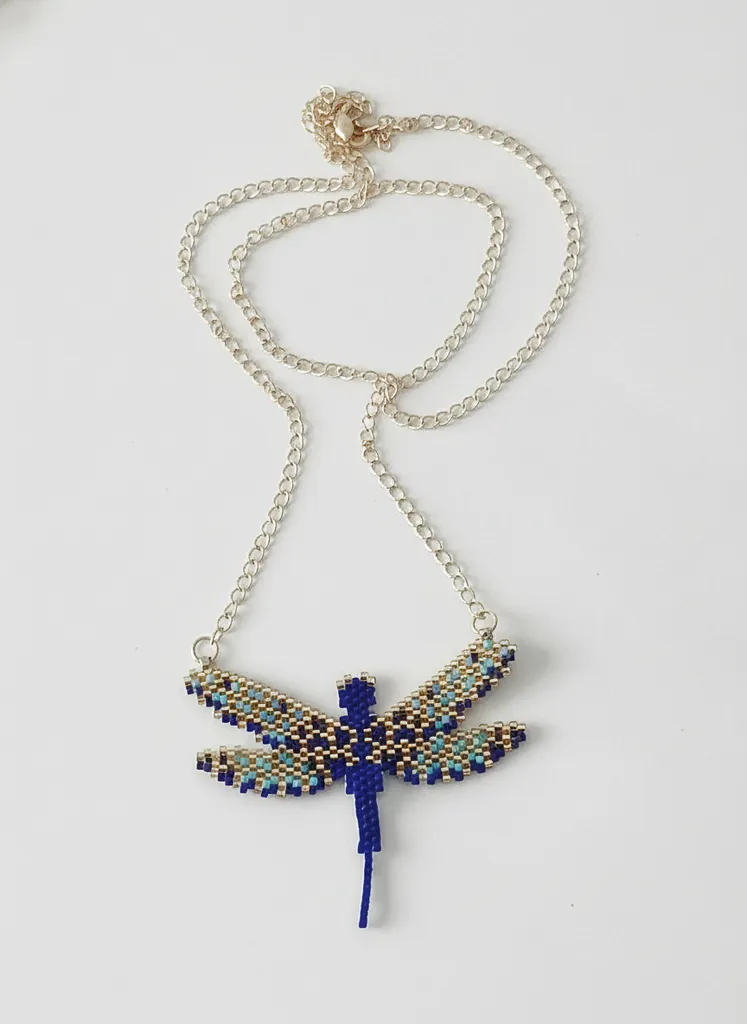 Miyuki Boncuklu Yusufçuk Kolye - Mavi ve Gold Renkli El Yapımı