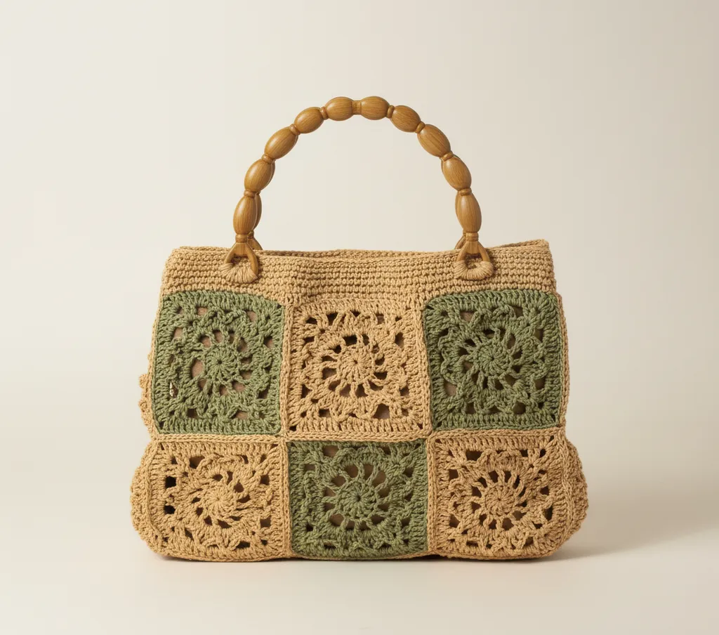 Kağıt İp Örgü Desenli Şık Kol Çantası - Ahşap Saplı