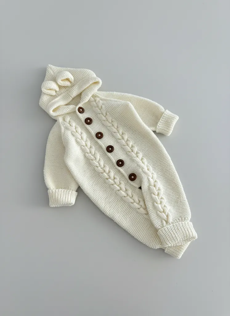 Krem Rengi Örgü Kapüşonlu Bebek Tulumu (1-5 Yaş) - El Emeği