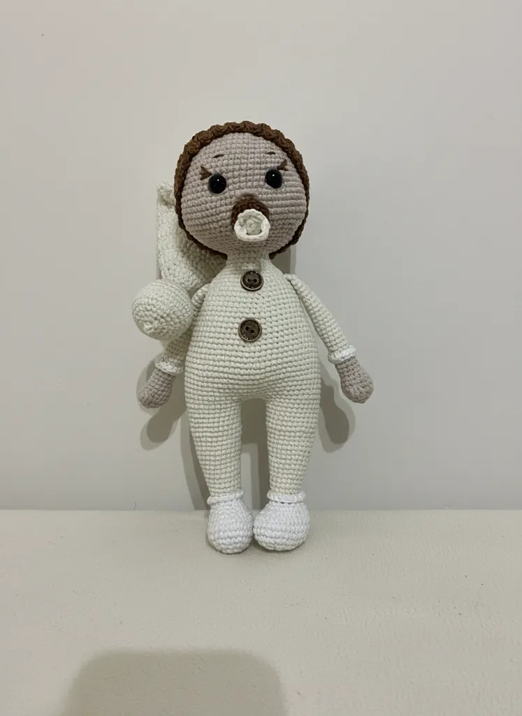 Örme Bebek Oyuncak - 20 cm Emzikli, Krem Rengi, El Emeği