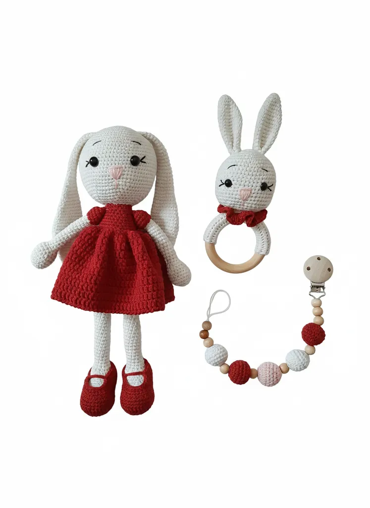 Örgü Oyuncak Tavşan Bebek Seti - Uzun Kulaklı, Kızıl Elbise