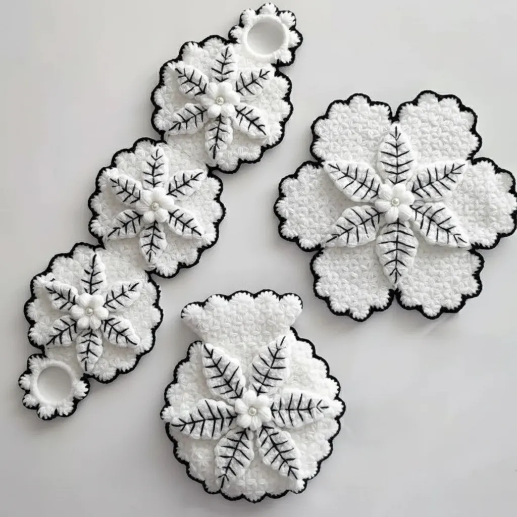 Beyaz Renkli Çiçek Desenli 3'lü Banyo Lifi Seti - Çeyizlik