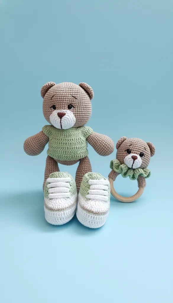 Amigurumi Oyuncak Ayı Bebek Seti - Yeşil Kazaklı ve Ahşap Halkalı