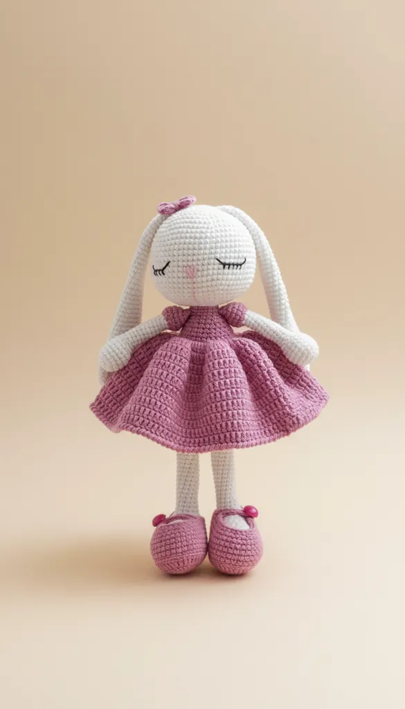 Pembe Elbiseli Uzun Kulaklı Amigurumi Tavşan Oyuncak Bebek