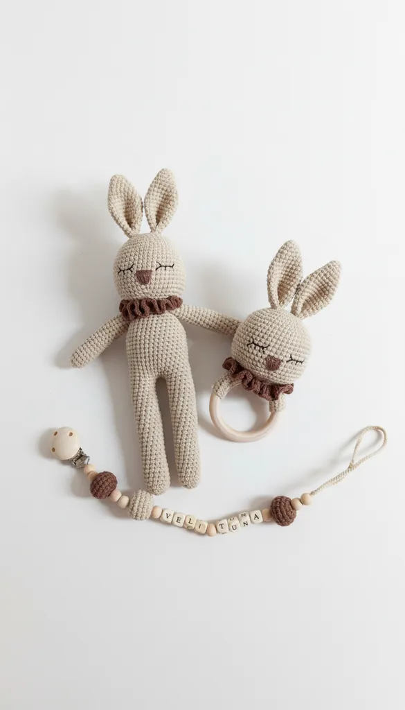 Örme Uykucu Tavşan Bebek Oyuncak Seti ve Ahşap Emzik Zinciri