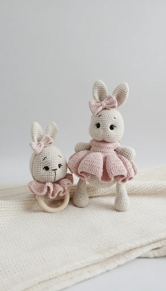 Örgü Oyuncak Amigurumi Tavşan Bebek Seti - El Emeği ve Ahşap Halkalı Çıngırak