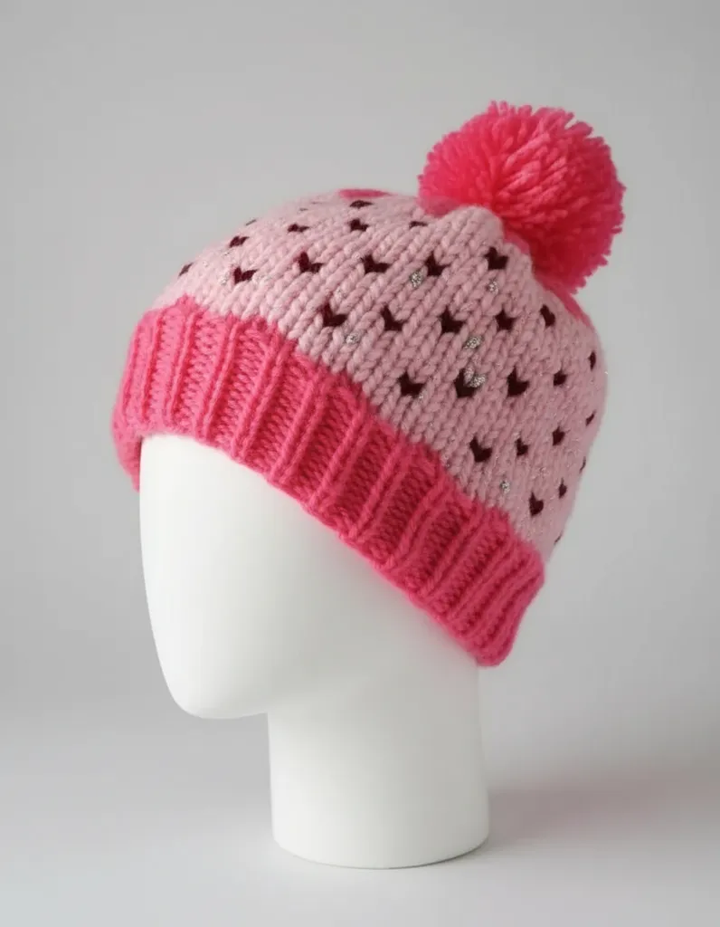 Pembe Simli Örgü Bere - Ponponlu, Kışlık, Yumuşak Dokulu