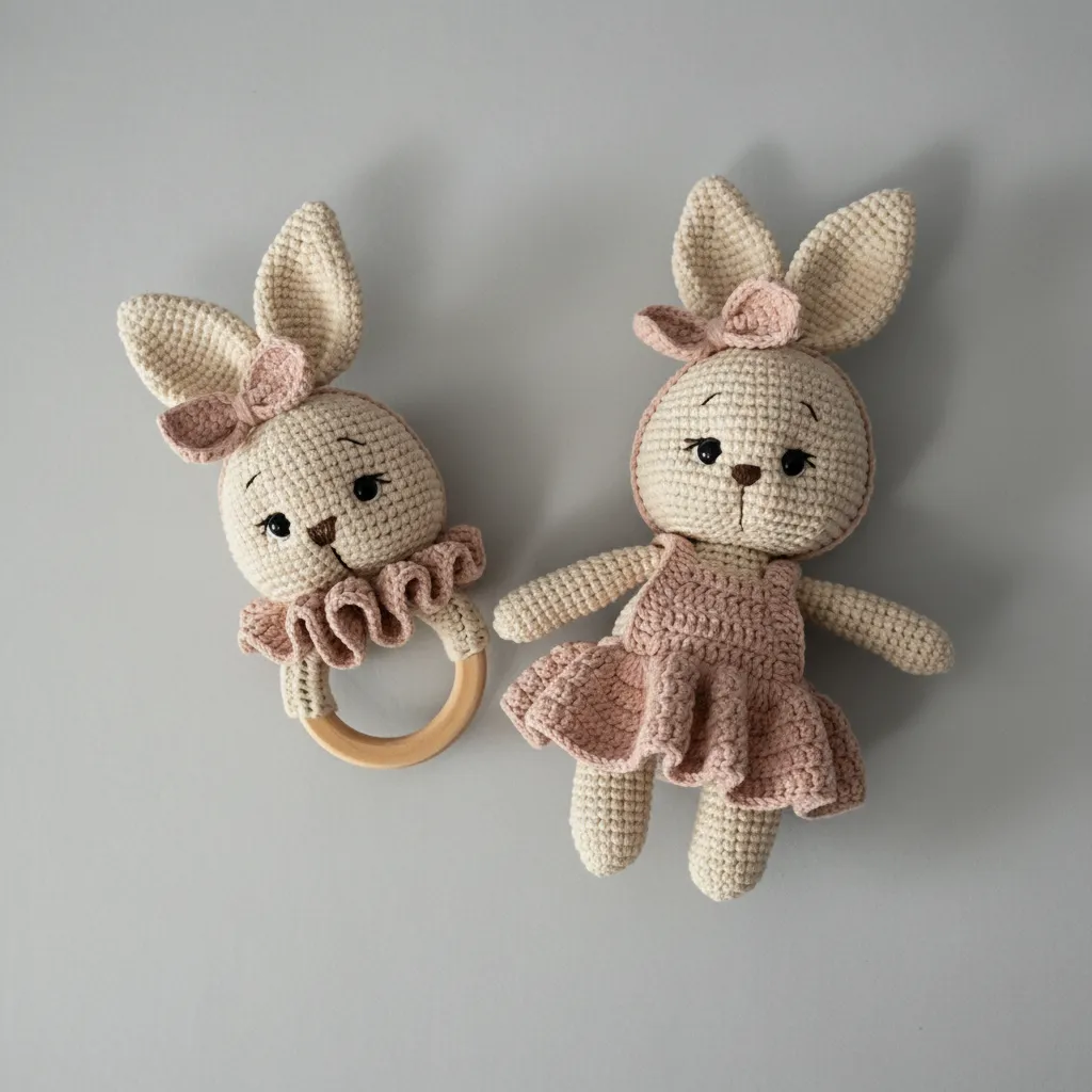 Amigurumi Örgü İkili Tavşan Bebek Oyuncak ve Çıngırak Seti - El Emeği