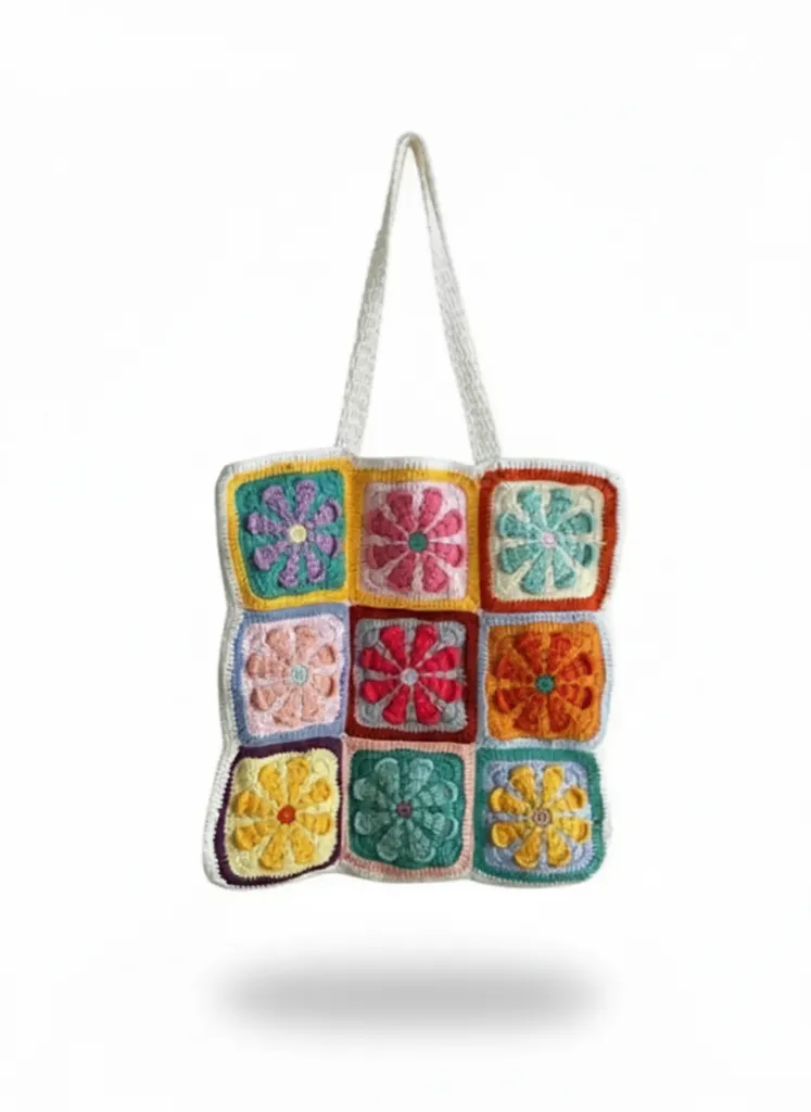 Kare Motifli Örgü Çanta - Renkli Tasarım, İç Astarlı, El Emeği