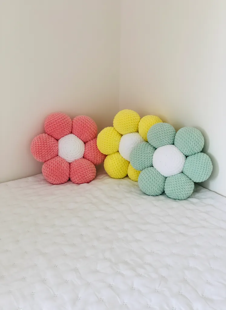 Renkli Peluş Papatya Yastık Dekoratif Çocuk Odası Yastığı - El Emeği