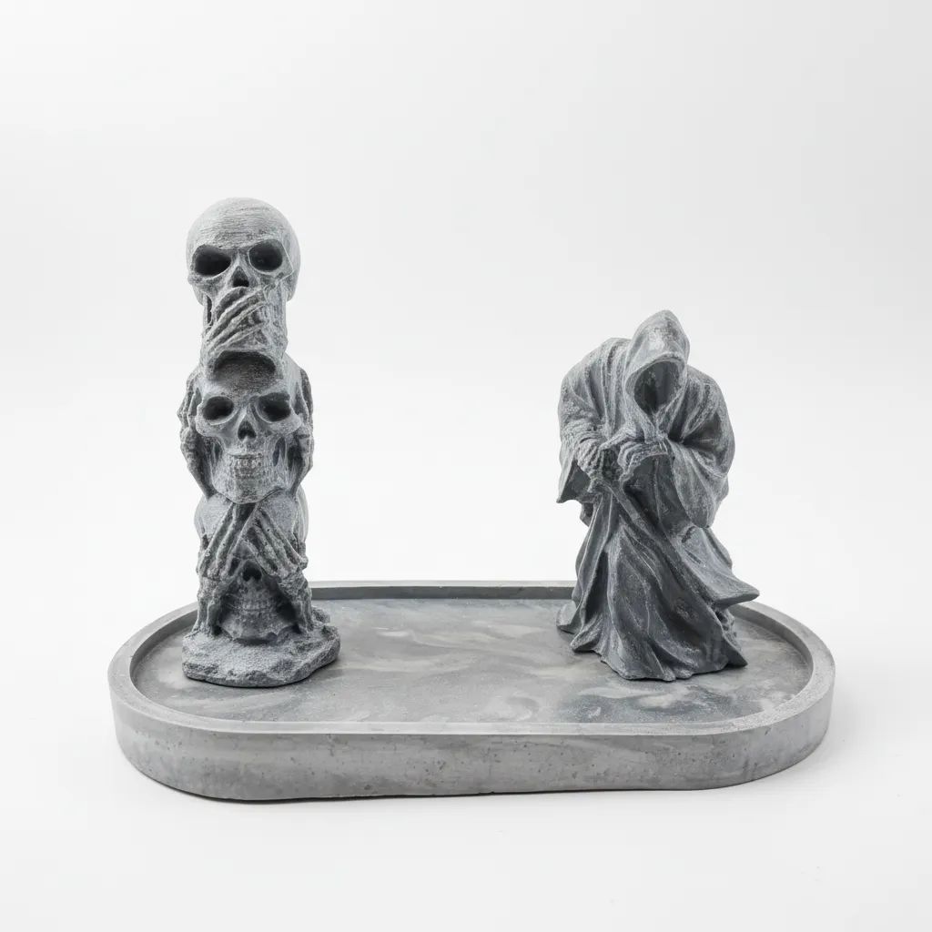 Dekoratif Gri Kafa İskeleti ve Hayalet Figürlü Tabla - El Yapımı