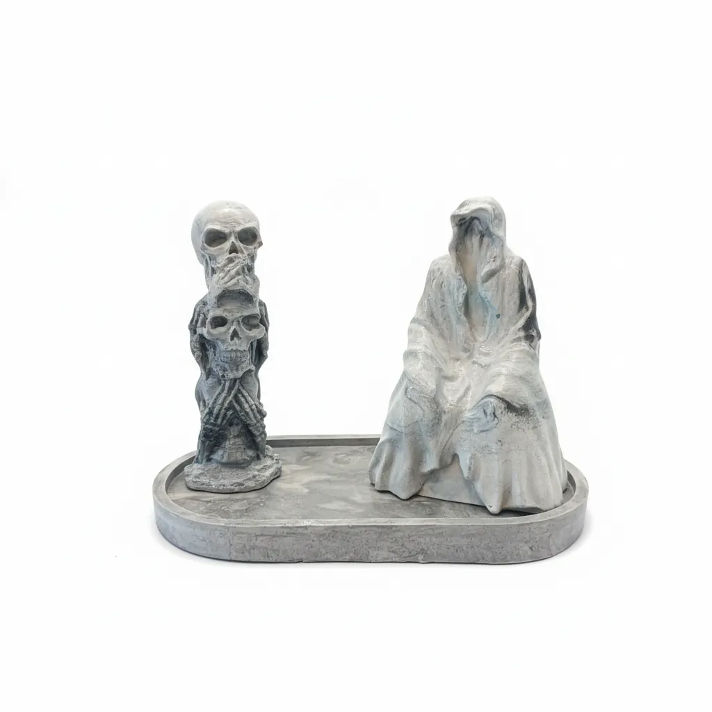 Dekoratif Tabla Üzerinde 3'lü Kuru Kafa ve Hayalet Biblo Seti