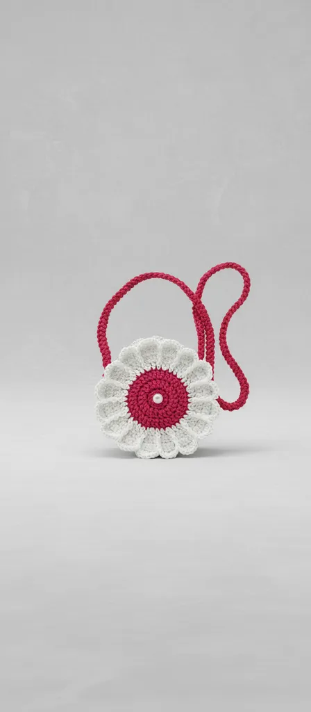 Örgü Papatya Desenli Kız Çocuk Çantası - Pembe ve Beyaz