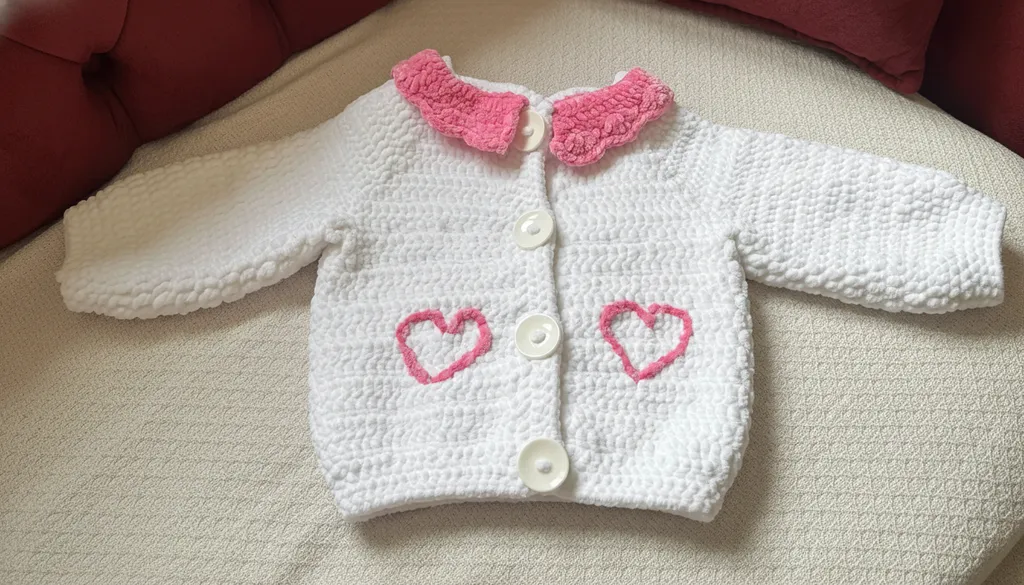 White Velvet Knitted Baby Cardigan - Pink Heart Detail, Handmade