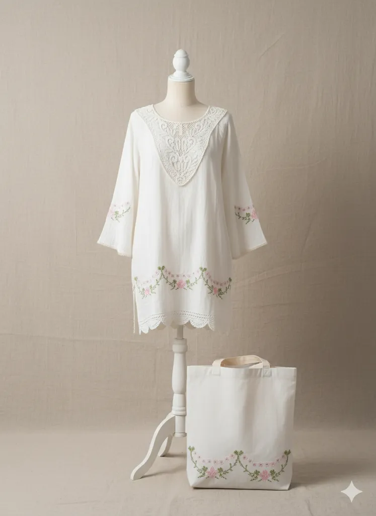 White Canvas Embroidered Cotton Shirt Dress and Bag Combination
