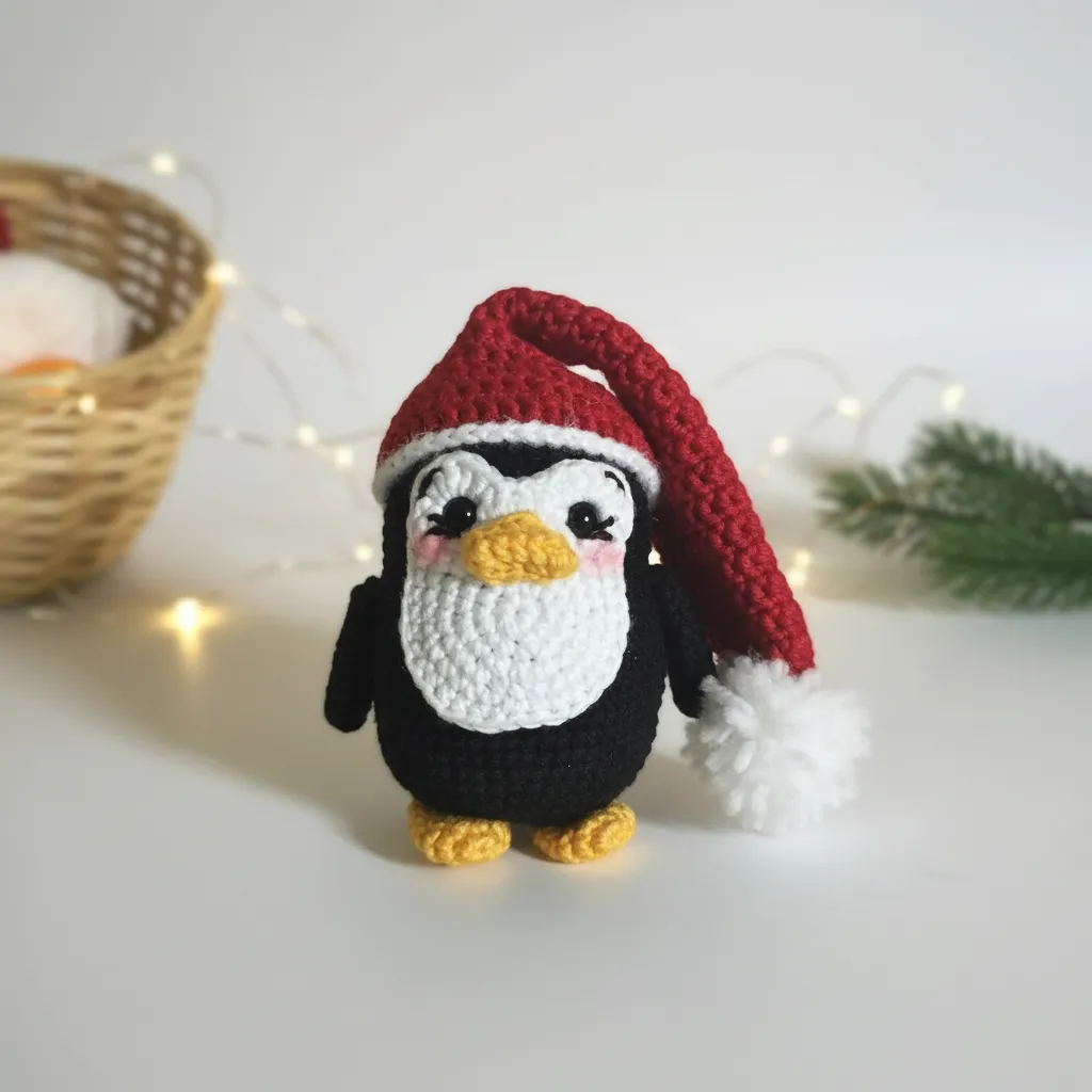 Yılbaşı Şapkalı Örgü Penguen Anahtarlık - Pingu Pin Amigurumi