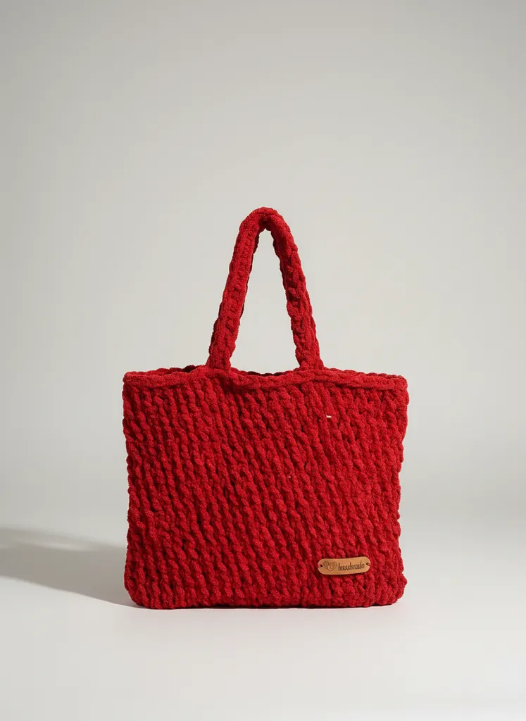 Vişne Kırmızısı Pofuduk İplikten Örme Çanta - El Yapımı