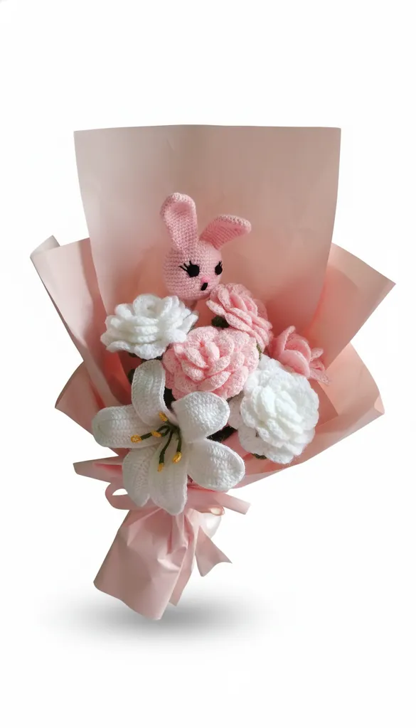 Pembe Tavşanlı Örgü Çiçek Buketi - El Emeği Amigurumi