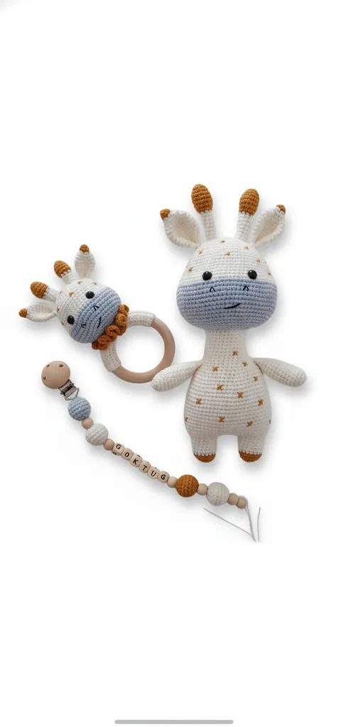 Amigurumi Zürafa Oyuncak Seti - Diş Kaşıyıcı ve Emzik Zinciri