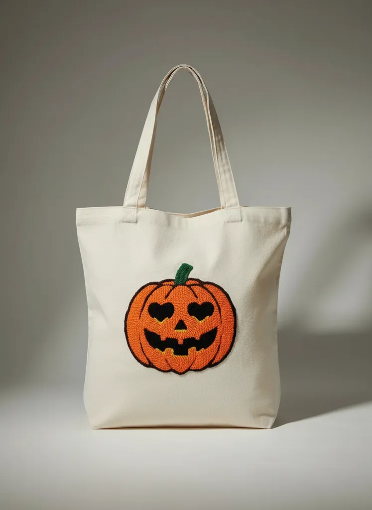 Kabak Desenli Halloween Bez Çanta - Punch İşleme, Pamuklu