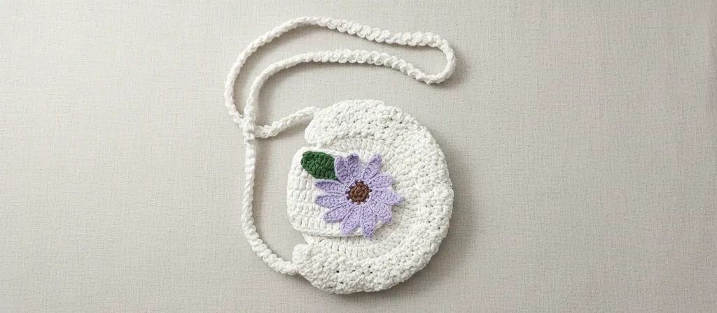 Örgü Çocuk Çantası - Beyaz Renkli, Çiçek Detaylı, Omuz Askılı