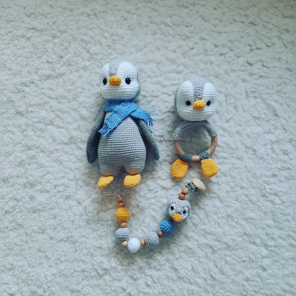 Örgü Penguen Oyuncak ve Emzik Zinciri Seti - Bebek Odası Dekor