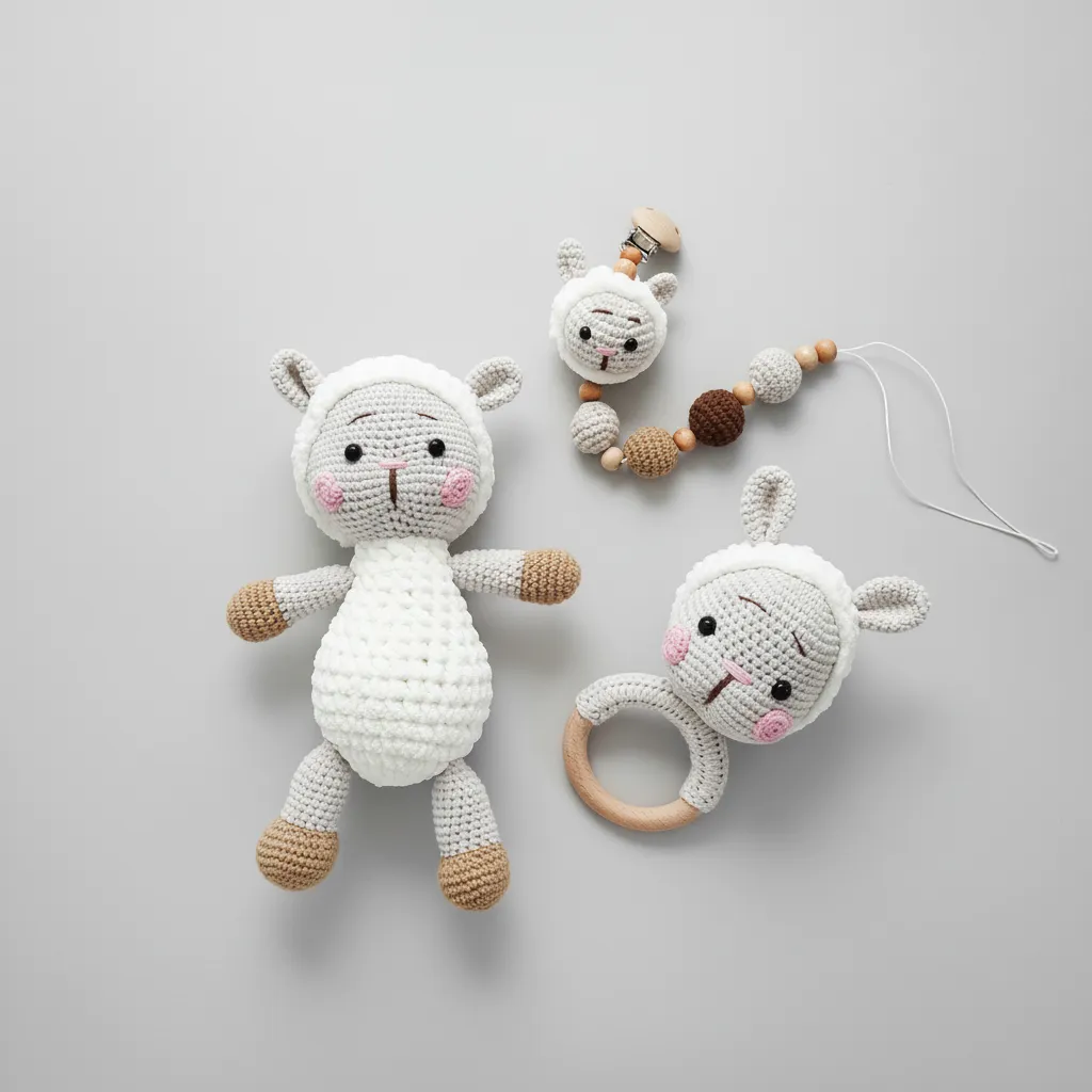 Örgü Oyuncak Bebek ve Çıngırak Kuzuluk Üçlü Set - El Emeği