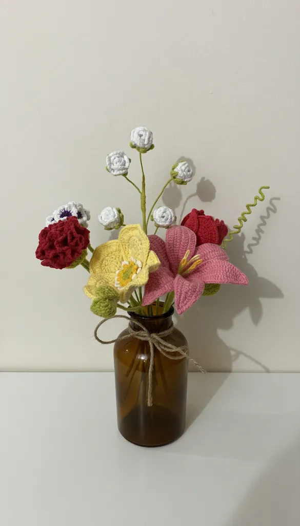 Yapımı Örgü Çiçek Aranjmanı - Kahverengi Cam Vazoda Renkli Çiçekler - El