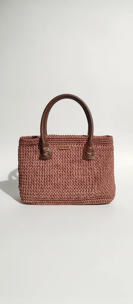 Makrome İpten Örme Hasır Görünümlü El ve Kol Çantası - El Emeği