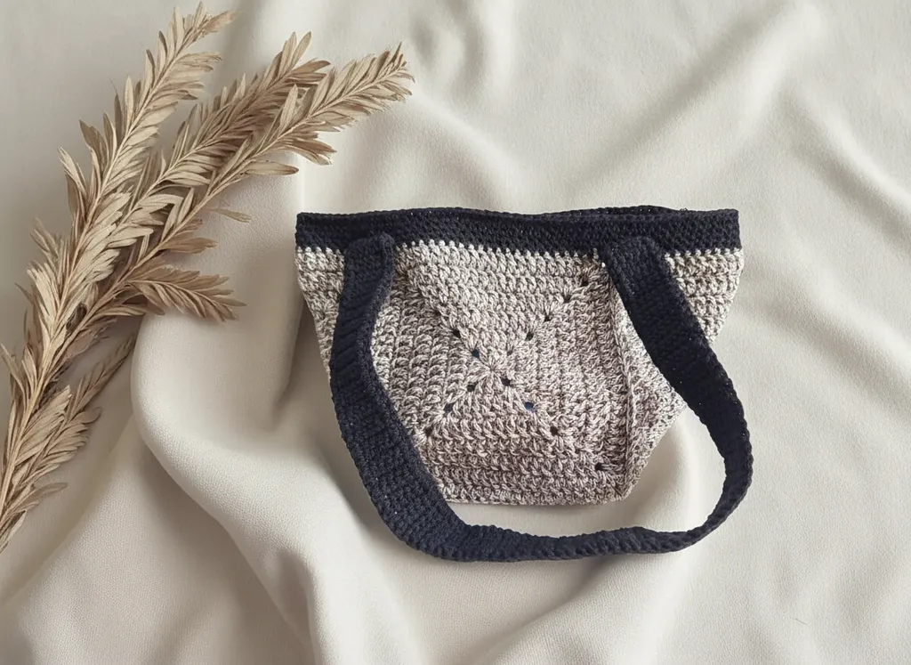 Örgü Kutu Çanta - Krem ve Siyah Renkli, El Emeği