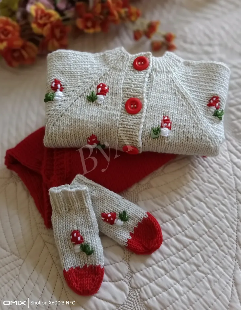 Örgü Bebek Takımı - Mantar Desenli Tulum, Hırka ve Patik Seti