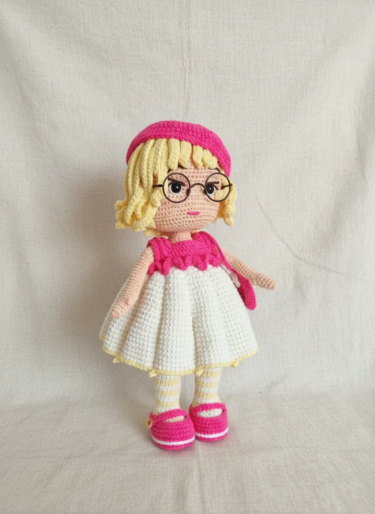 34 cm Sarı Saçlı Amigurumi Oyuncak Bebek - Çıkarılabilir Elbiseli