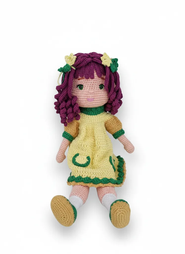 40 cm Amigurumi Ecem Bebek - Menekşe Saçlı, Çıkarılabilir Elbiseli