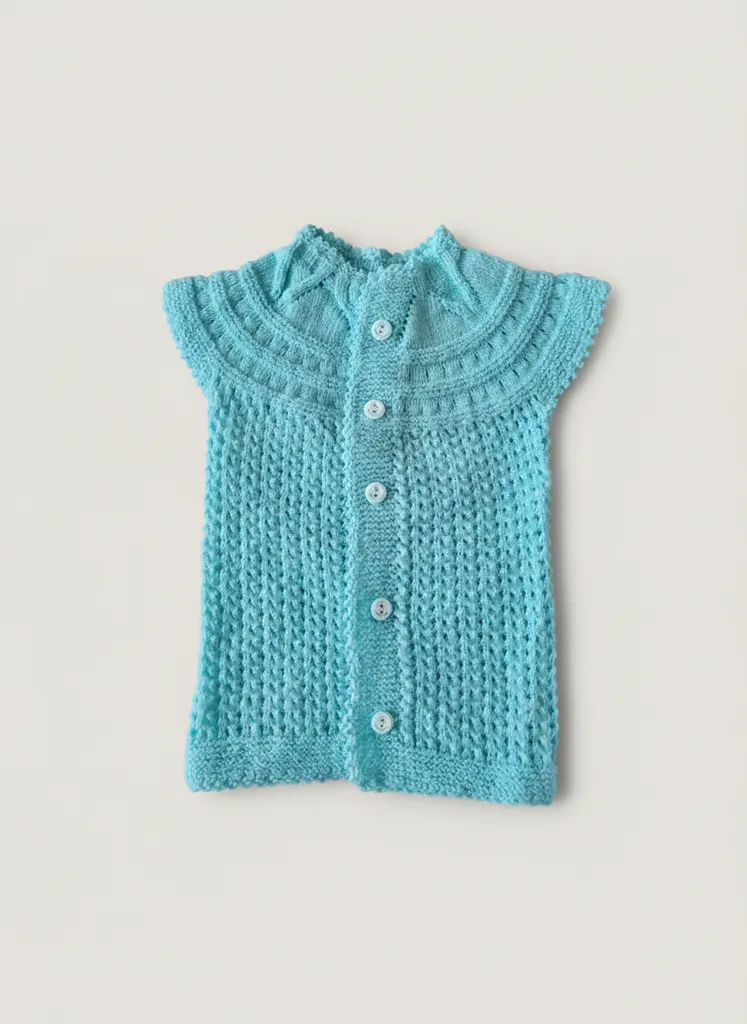 Turkuaz Renkli Örgü Bebek Yeleği - Düğmeli, El Emeği