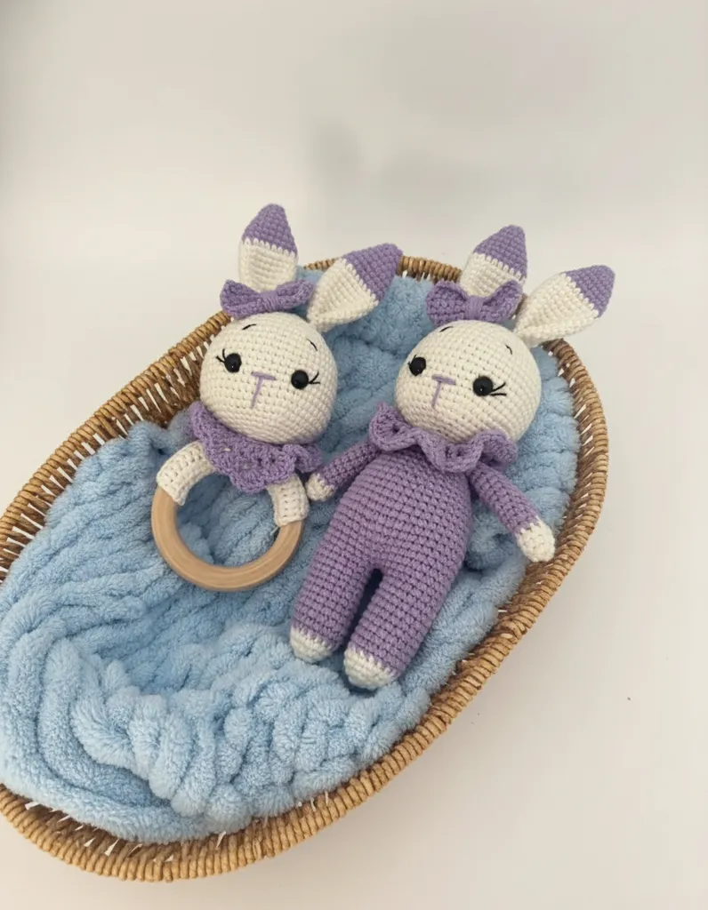 Amigurumi Hazelnut Rabbit Toy and Teether Duo Set