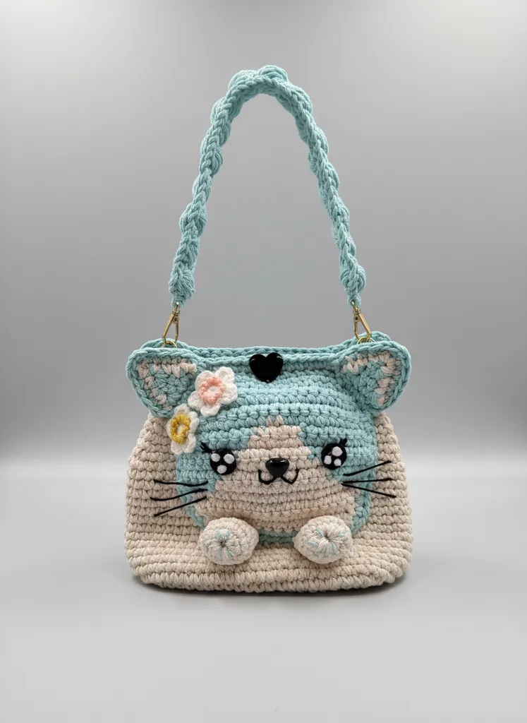 Kız Çocuklar için Örgü Kedi Figürlü Mıknatıslı Pamuk Çanta - El Emeği