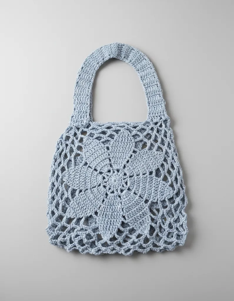 Kadın Mavi Çiçek Motifli Örgü File Çanta - El Emeği