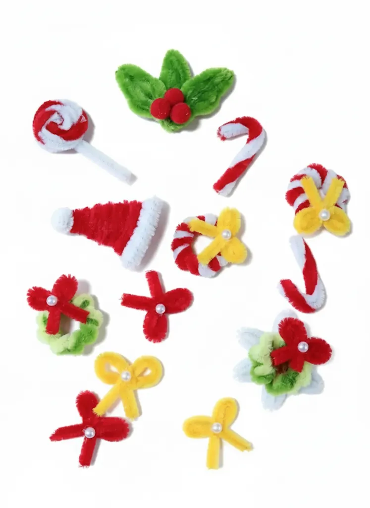 Chenille Christmas Tree Ornaments - Lollipop, Candy Cane and Wreath 12 Pieces