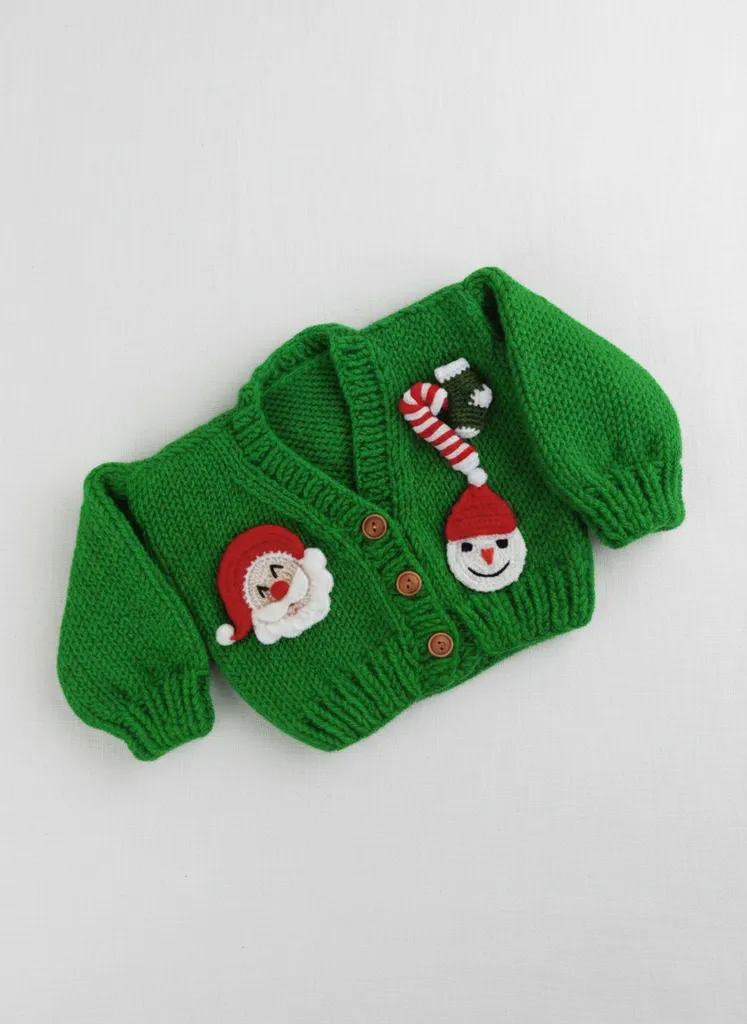 Özel Tasarım El Örgüsü Yeşil Yılbaşı Noel Konseptli Bebek Hırka  0 Ay-1 Yaş