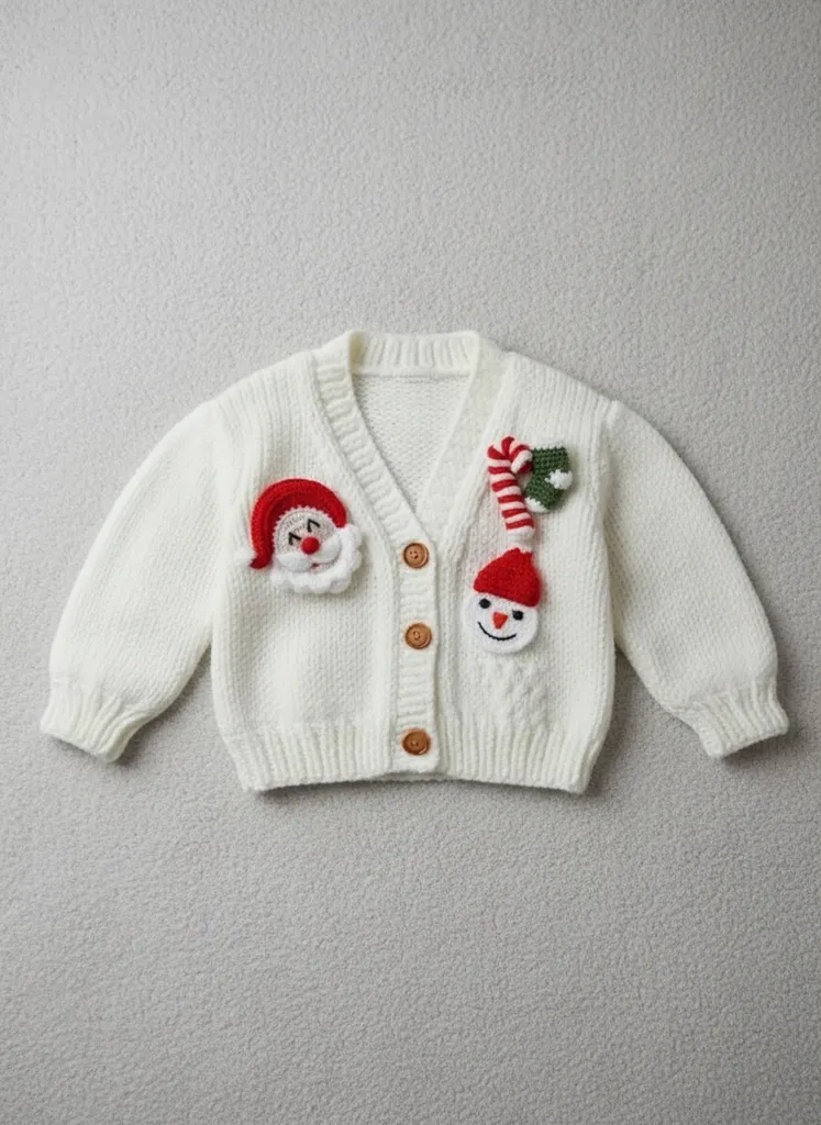 Yılbaşı Temalı El Örgüsü Bebek Hırkası Beyaz,Santa & Kardan Adam Figürlü 0-1 Yaş