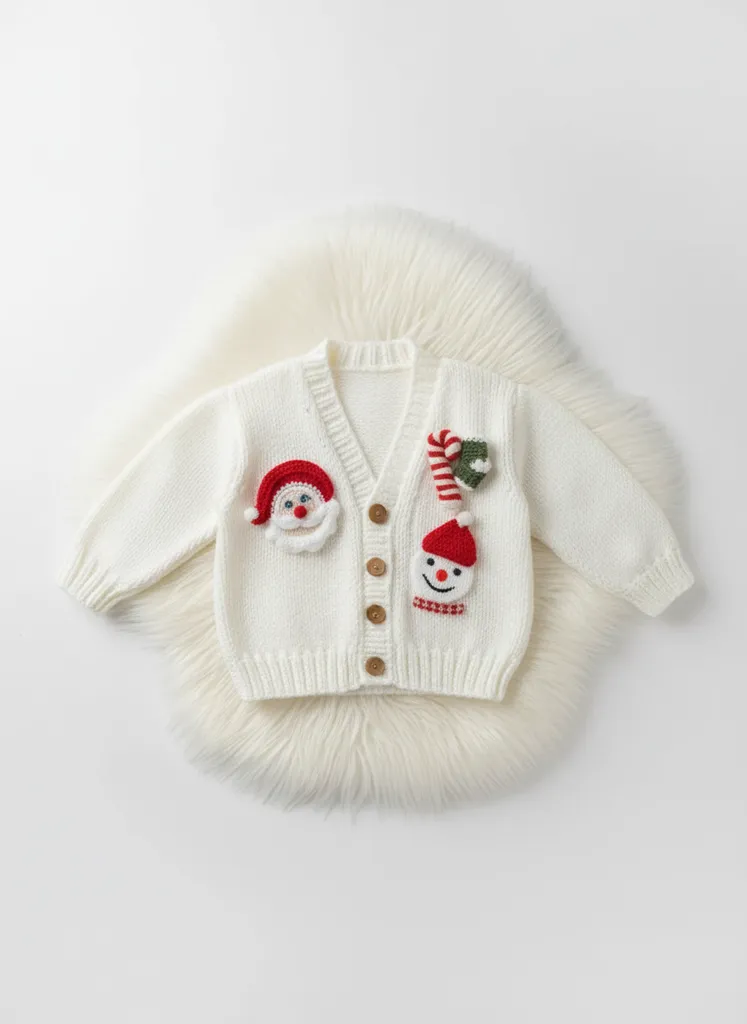 Yılbaşı Temalı El Örgüsü Bebek Hırkası Beyaz,Santa & Kardan Adam Figürlü 1-4 Yaş