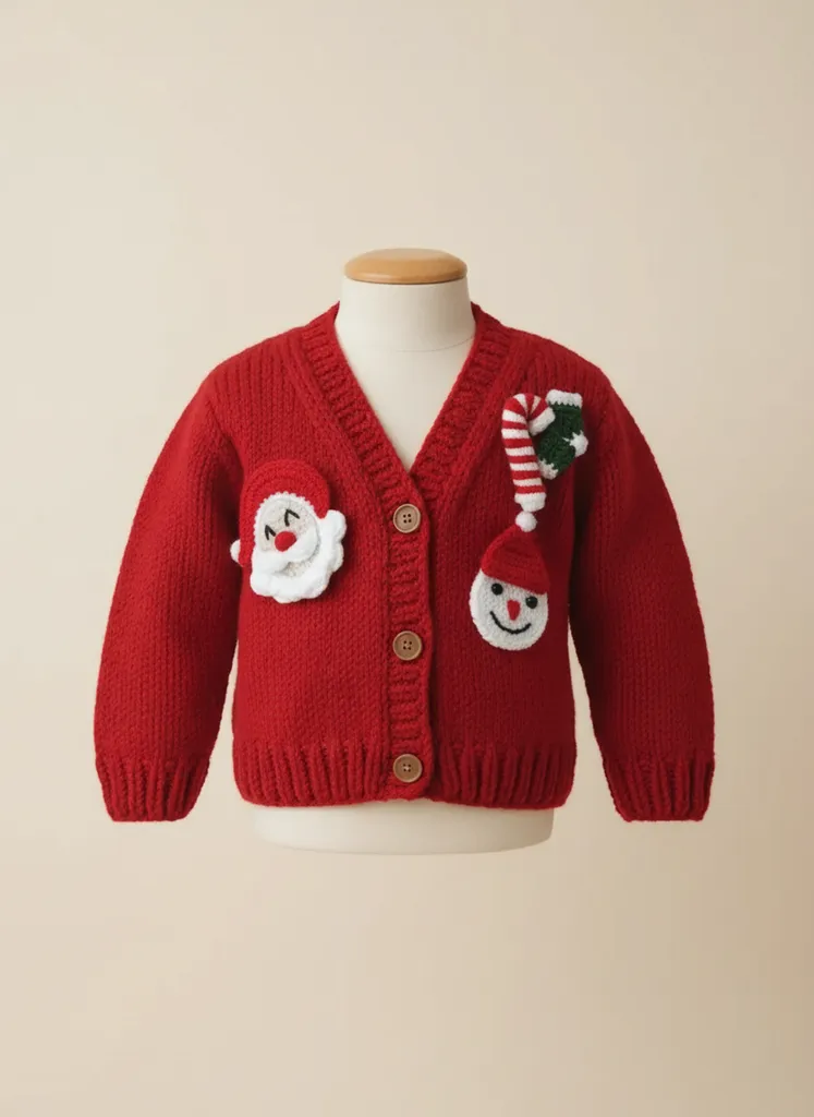 El Örgüsü Yılbaşı Temalı Kırmızı Noel Baba Kardan Adam  Çocuk Hırkası 2-4 Yaş