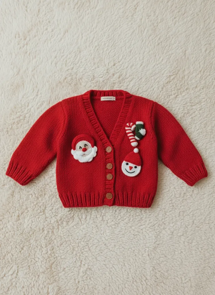 El Örgüsü Yılbaşı Temalı Kırmızı Noel Baba Kardan Adam  Çocuk Hırkası 0-1 Yaş