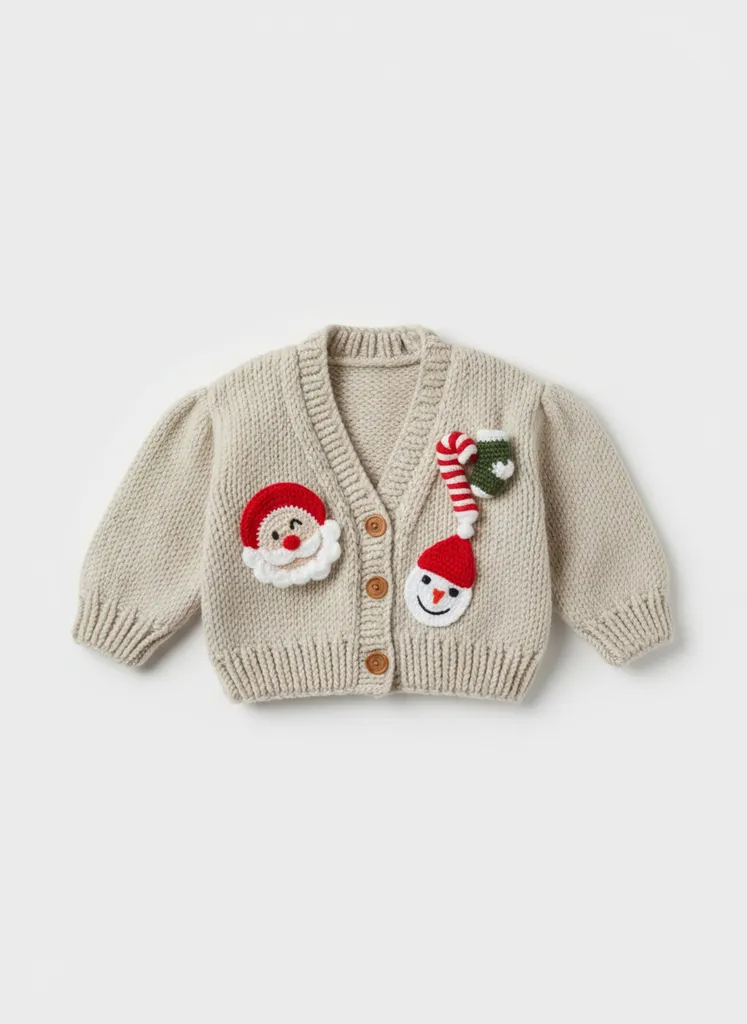 El Örgüsü Yılbaşı Temalı Noel Baba Kardan Adam  Çocuk Hırkası 0-1 Yaş